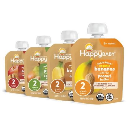 Picture of Happy Baby Organics Nutty Blends Stage 2, Fruit and Nut Butter, Allergen Introduction in Baby Appropriate Texture, for 6+ Months, 8 Variety Ct