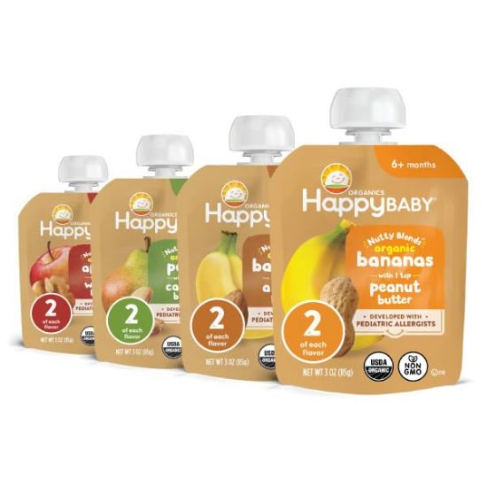 Picture of Happy Baby Organics Nutty Blends Stage 2, Fruit and Nut Butter, Allergen Introduction in Baby Appropriate Texture, for 6+ Months, 8 Variety Ct