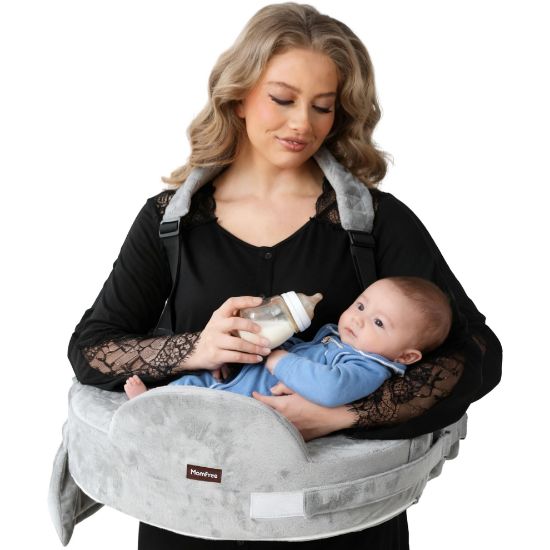 Picture of Nursing Pillow for Standing/Sitting Use- Springy Memory Foam for Support & Comfort, Large Breast Feeding Pillow - Safety Fence, Adjustable Waist Belt and Support Backrest, Removable Cover with Pocket