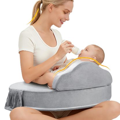 Picture of ACGROW Nursing Pillow - Memory Foam Bottle & Breastfeeding Pillow with Safety Fence - Ergonomic Support, with Wider Breast Feeding Cushion, Adjustable, Removable Cover, Baby Safety Certified Gray