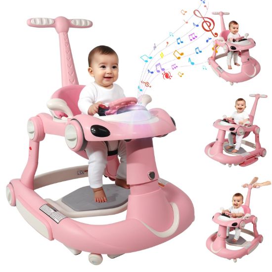 Picture of Baby Walker, 4-in-1 Baby Walker with Wheels Portable, Foldable Infant Toddler Walker for Boys Girls 6-18 Month,Removable Footrest,Car Steering Wheel & Music, Adjustable Push Walker Pink