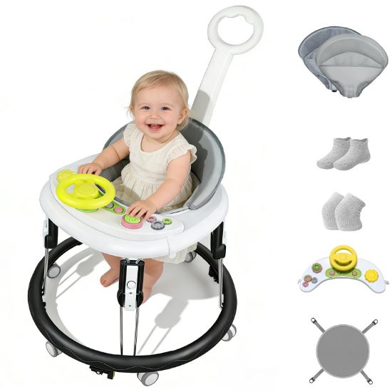 Picture of Foldable Baby Walker for Boys and Girls, 5-in-1 Baby Walker with Wheels, Adjustable Height Toddler Activity Walker with Music Tray, Detachable Seat and Mute Anti-Rollover Baby Walkers for 8-24 Months