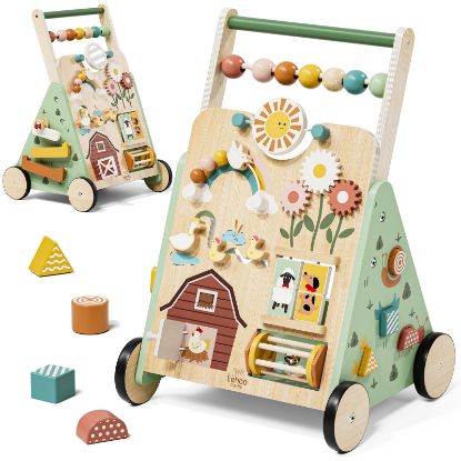Picture of Lehoo Castle Wooden Baby Walker, Adjustable Speed Montessori Walker with Activity Center for Boys Girls, Baby Push Walker Toys for 1 Year Old Learning to Walk