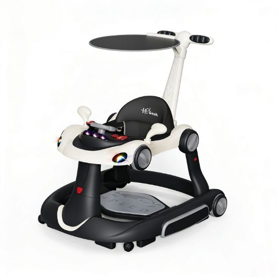 Picture of Baby Walker with Wheels, 7-in-1 Foldable Baby Walkers for Boys Girls 6-12 Months with Feeding Tray & Music, Lights,Rocker,Sun Canopy, Bouncing Pedal, Adjustable Wheel Speed, Push Walker (Black)