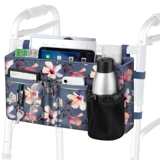 Picture of FINPAC Large Walker Tote Bag with Cup Holder, Folding Walker Attachment Hands-Free Storage Basket Mobility Aid Accessory Pouch for Elderly, Senior, Blooming Hibiscus