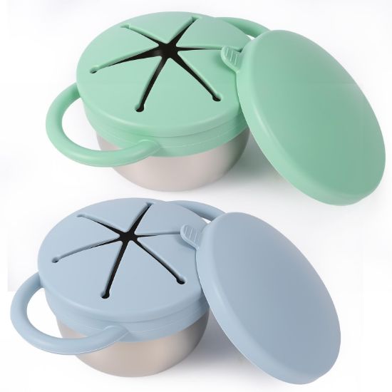 Picture of Solinfant 2 Pack Stainless Steel Spill Proof Snack Cup for Baby Toddlers Kids, with Silicone Food Catcher, Travel Lid, Spill-Proof Bowl Containers, Toddlers Essentials, Non Toxic BPA Free