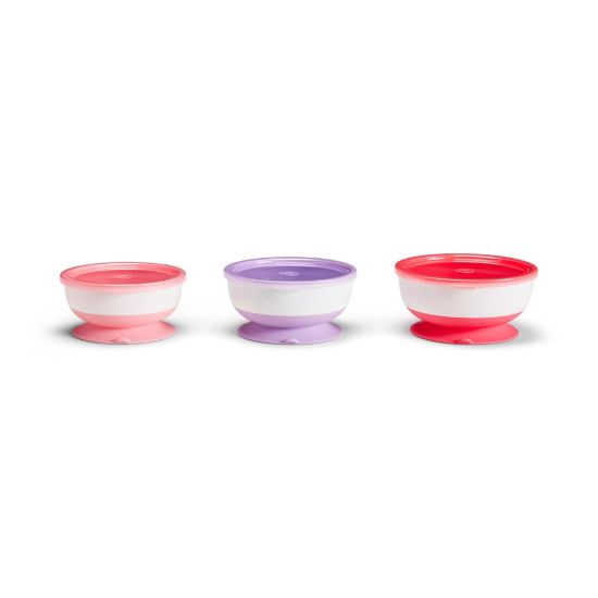 Picture of Munchkin Stay Put Munchkin Suction Baby Bowls with Lids - Dishes for Babies and Toddlers, Self-Feeding Bowl Set for Kids 6+ Months, 3 Pack, Pink/Purple