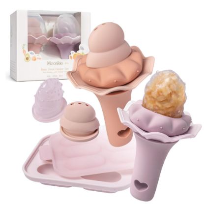 Picture of Moonkie Baby Fruit Feeder with Freezer Tray, BPA Free Silicone Food Feeder for Infant Self Feeding, Breastmilk Popsicle Molds, Mesh Feeder with Two Pouches, Baby Shower Gifts 4 Months+, 2 Pack
