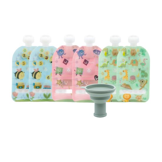 Picture of WeeSprout Double Zipper Reusable Food Pouches, Perfect for Babies & Toddlers, Freezer & Dishwasher Safe (Educational, 5 Fl Oz (Pack of 6) + Pouch Filler)
