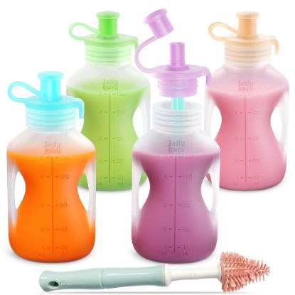Picture of Silicone Reusable Baby Food Pouches with Straws, 4 Pack Leakproof Refillable Squeeze Pouches, Dishwasher, Freezer, Microwave Safe, 5OZ Baby Food Storage for Homemade Puree, Yogurt