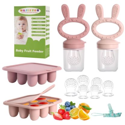 Picture of WAJIAYON Baby Breastmilk Popsicle Molds & Baby Fruit Feeder (4 Pack), Infant Food Freezer Tray Storage Containers, Silicone Teething Pacifier Feeder and Teether for BabiesPink&Purple