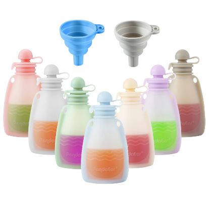 Picture of PandaEar Reusable Silicone Baby Food Pouches, 7 Pack Squeeze Pouches for Toddler Kids, BPA-Free Silicone Refillable Baby Food Storage, 5 oz /150 ml