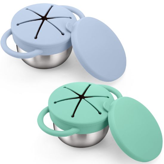 Picture of BUSOHA 2 Pack Stainless Steel Toddler Snack Cups - 9 OZ Spill-Proof Baby Snack Containers with Silicone Catcher and Lid Travel Snack Containers for Kids Food Grade Silicone Dishwasher Safe