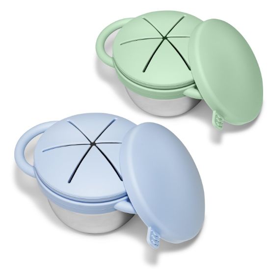 Picture of JVEOO 2 Pack Toddler Snack Cups, Baby Stainless Steel Snack Containers for Kids with Spill Proof Food Grade Silicone Lids & Handles 9 OZ No Spill Baby Snack Box for Mess-Free Snacking