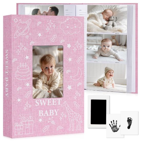Picture of EARLY MINDS Baby Photo Album 4x6 300 Pockets with Memo Area & Hand and Footprint Kit, Linen Cover Slip-in Memory Book with Front Window, Acid-Free Keepsake for Newborn Boy Girl, First Year Moments