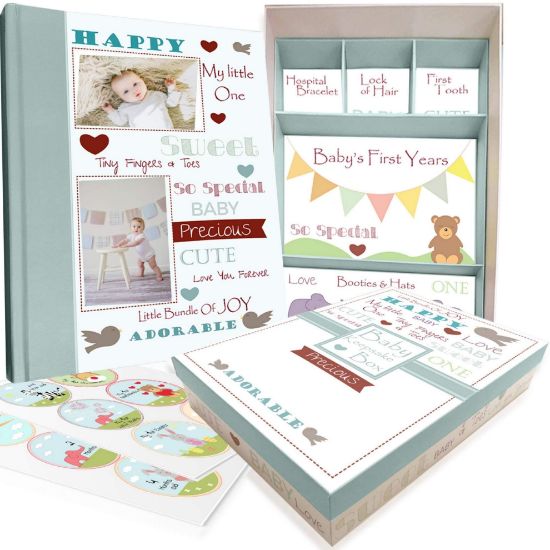 Picture of Baby Memory Book w/Keepsake Box & 30 Monthly & Baby First Milestone Stickers - Gender Neutral First Year Scrapbook Journal - Baby Photo Album for Boys