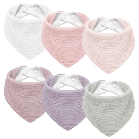 Picture of Susurration Muslin Baby Drool Bibs 6Pack Soft Triangular Adjustable Baby Bandana Bibs for Unisex Girls & Boys (Pink)