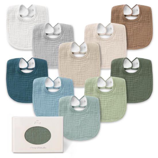 Picture of Konssy 10-Pack Muslin Baby Bibs, Soft Cotton Bandana Bibs for Drooling & Teething, Unisex Solid Colors for Boys & Girls, Newborn & Infant