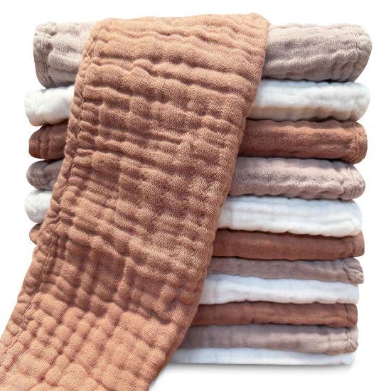 Picture of Muslin Burp Cloths for Baby Cotton Burping Cloths for Unisex, Boy, Girl - Large 20'' by 10'' Newborn Essentials Ultra Soft Absorbent Milk Spit Up Rags - 12 Pack - White+Light Bean Paste Series