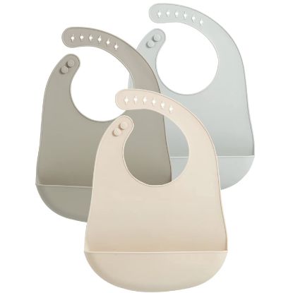 Picture of PandaEar 3 Pack Waterproof Silicone Baby Bibs| Super Thin Light Weight Feeding Bib with Food Catcher Pocket for Toddler (Walnut&Linen&Brown)