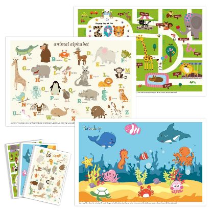 Picture of Babebay Disposable Placemats for Baby, 60 Pack Sticky Toddler Placemat for Restaurants, Dining Table, Party, Travel, 12" x 18" with 3 Designs
