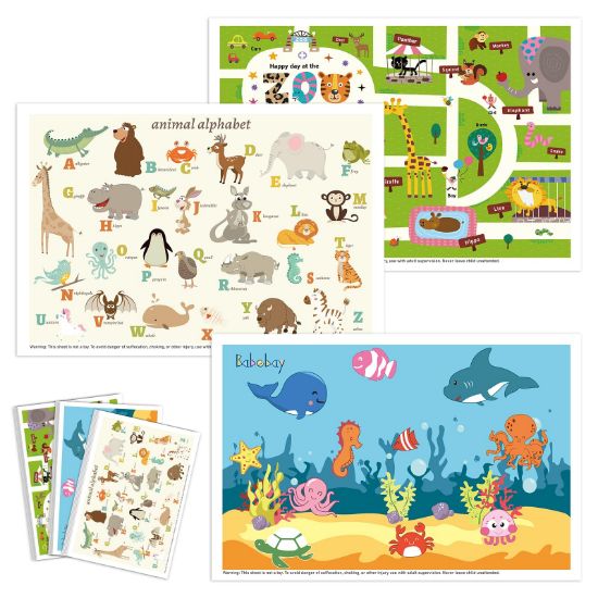 Picture of Babebay Disposable Placemats for Baby, 60 Pack Sticky Toddler Placemat for Restaurants, Dining Table, Party, Travel, 12" x 18" with 3 Designs