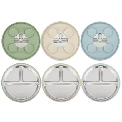 Picture of PandaEar 3 Pack Stainless Steel Baby Suction Plates, Divided Toddler Plate for Baby Led Weaning Supplies, Non-Slip Toddler Baby Feeding Set Dishwasher Safe (Blue/Green/Brown)