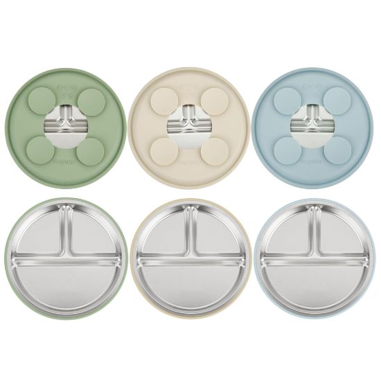 Picture of PandaEar 3 Pack Stainless Steel Baby Suction Plates, Divided Toddler Plate for Baby Led Weaning Supplies, Non-Slip Toddler Baby Feeding Set Dishwasher Safe (Blue/Green/Brown)