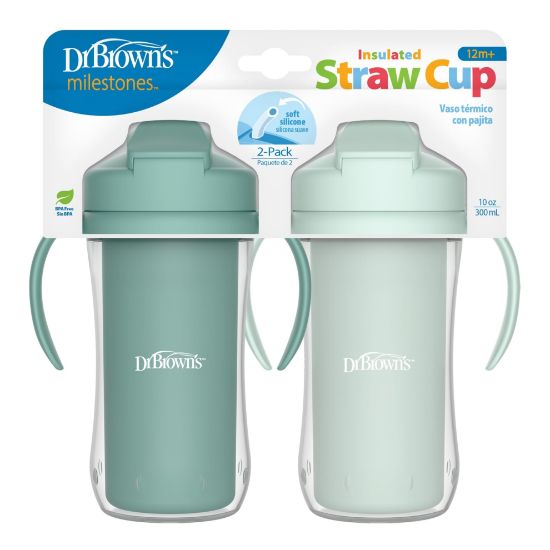 Picture of Dr. Brown's Milestones Insulated Sippy Cup with Straw and Handles, Spill-Proof Tumbler with Lid, 2-Pack, Green, 10 oz/300 mL, BPA Free, 12m+