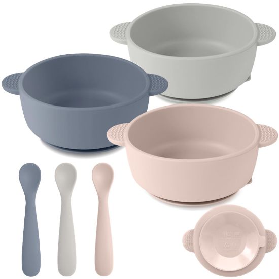 Picture of Eascrozn Silicone Baby Feeding Set, 3 Pack Baby Bowls with Suction and 3 Pack Baby Spoons for Babies Toddlers Kids, BPA Free, Baby Utensils Feeding Supplies, Microwave and Dishwasher Safe