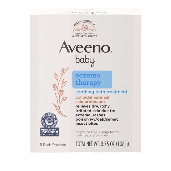 Picture of Aveeno Baby Eczema Therapy Soothing Bath Treatment for Relief of Dry, Itchy & Irritated Skin, Made with Natural Colloidal Oatmeal, Fragrance-, Paraben-, Steroid- & Tear-Free, 5 ct