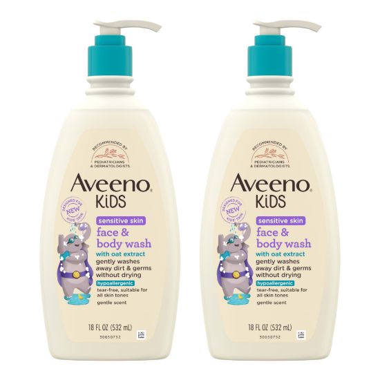 Picture of Aveeno Kids Sensitive Skin Face and Body Wash with Oat Extract, Gently Washes Away Dirt and Germs Without Drying, Tear-Free, Hypoallergenic Kids Body Wash, 18 fl. oz, 2 Pack