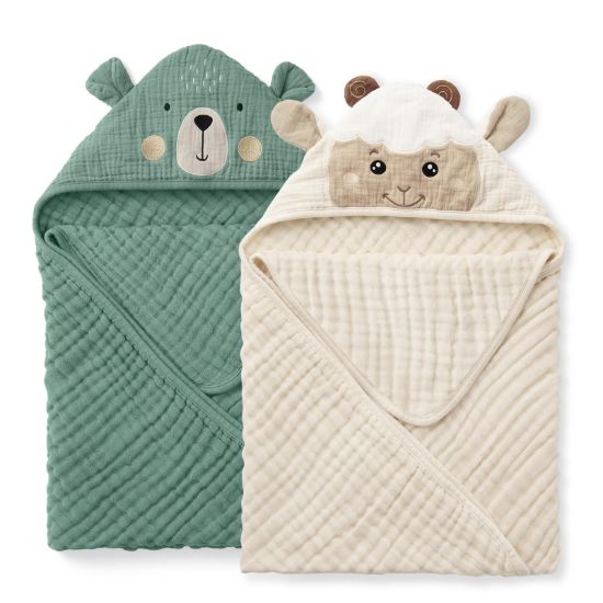 Picture of Blissful Diary Muslin Baby Hooded Towel 2 Pack, Soft & Absorbent Bath Towel for Infant, Toddler, Unisex, Baby Gift, Newborn Essentials, Bear & Lamb