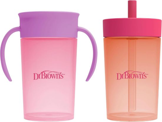 Picture of Dr. Brown's Milestones Straw to 360 Convertible Toddler Training Cup Set with Interchangeable Silicone Straw and 360 Degree Cup Lids, Pink Coral, 10 oz/300 mL, BPA-Free, 9m+, 2-Pack
