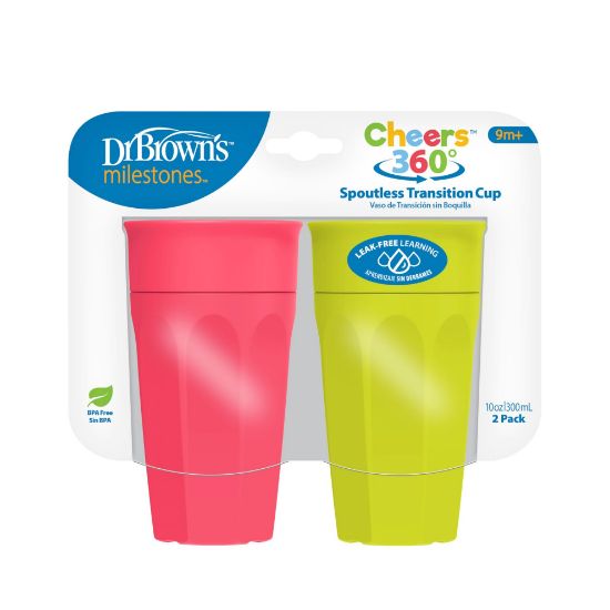 Picture of Dr. Brown's Milestones Cheers 360 Spoutless Transition Cup, Travel Friendly and Leak Free Sippy for Babies and Toddlers, Green and Pink, BPA-Free, 10 oz/300 mL, 9m+