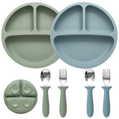 Picture of Eascrozn Baby Feeding Set, 2 Pack Silicone Divided Suction Plates for Baby, 2 Pack Spoons and Forks Set, BPA Free, Baby Led Weaning Supplies for Toddler Utensils