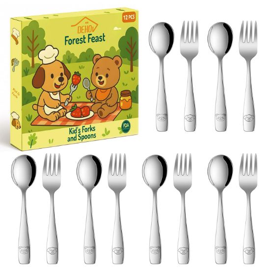 Picture of DEHOV Toddler Eating Utensils Set,Set Of 12 Food Grade Stainless Steel Silverware Sets For Kids,Dishwasher Safe Children Small Metal Spoons And Forks Flatware Sets
