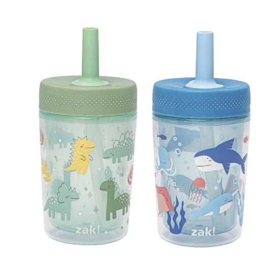 Picture of Zak Designs Capri Toddler Tumblers For Travel or At Home, 9oz 2-Pack Double Wall Plastic Sippy Cups With Leak-Proof Design is Perfect For Kids (Dino Buddies, Bubble Bay)