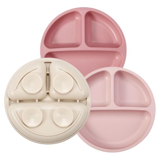 Picture of PandaEar 3 Pack Toddler Plates, Silicone Divided Suction Plate for Babies, BPA-Free Food-Grade Silicone Unbreakable Baby Plate (Pink/Linen/Light Pink)