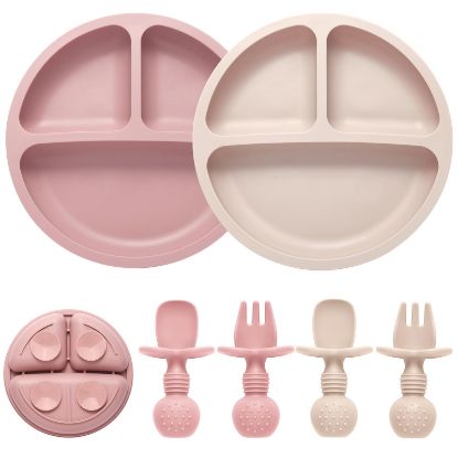 Picture of Eascrozn Silicone Feeding Set, 2 Pack Divided Toddler Plates with Suction, 2 Pack Utensils - Spoons & Forks, BPA Free, Baby Led Weaning Supplies