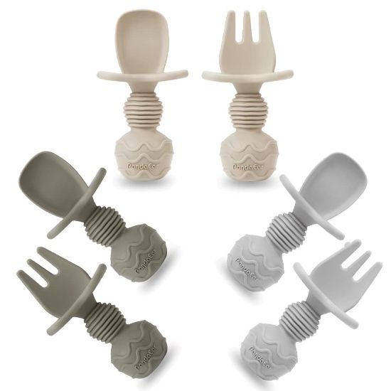 Picture of PandaEar 6 Pack Silicone Baby Spoons and Fork Feeding Set- Anti-Choke First Self Feeding Utensils for Baby Led Weaning Ages 3 Months (Tan,Walnut&Grey)