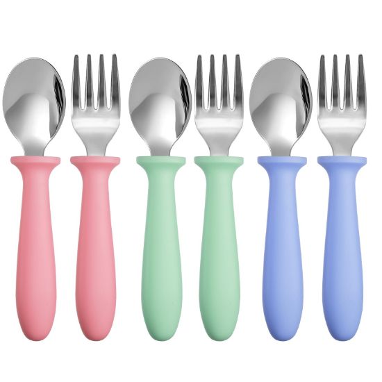 Picture of Pimoys 6 Pieces Toddler Utensils Forks and Spoons,Kids Silverware Set with Plastic Handle Stainless Steel Toddler Silverware,Dishwasher Safe