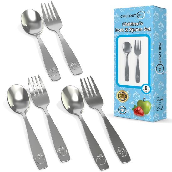 Picture of CHILLOUT LIFE Stainless Steel Kids Silverware Set 6 Pieces - Child and Toddler Safe Flatware - Kids Utensil Set - Metal Kids Cutlery Set (Includes 3 Small Kids Spoons & Kids 3 Forks)