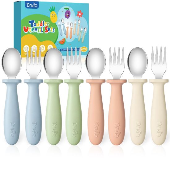 Picture of DRKIO 8 Pieces Toddler Utensils Set - Kids Silverware Set with Silicone Handle Children Safe 18/8 Stainless Steel Forks and Spoons Anti-Choke Design Food Grade Dishwasher Safe