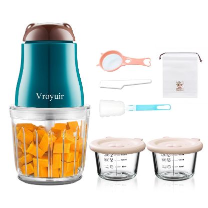 Picture of Glass Baby Food Maker, 600ML Baby Food Blender and Puree Processor with 10 Blades, Smooth Baby Puree Maker for Fruit Vegetables and Meat, Includes Two 200ML Glass Bowls, Brush and Scraper